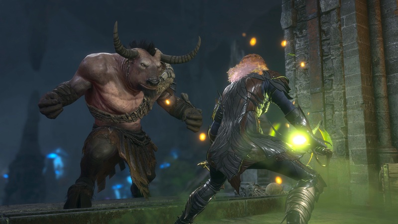 Baldur's Gate druid prepares a spell against a minotaur-looking creature