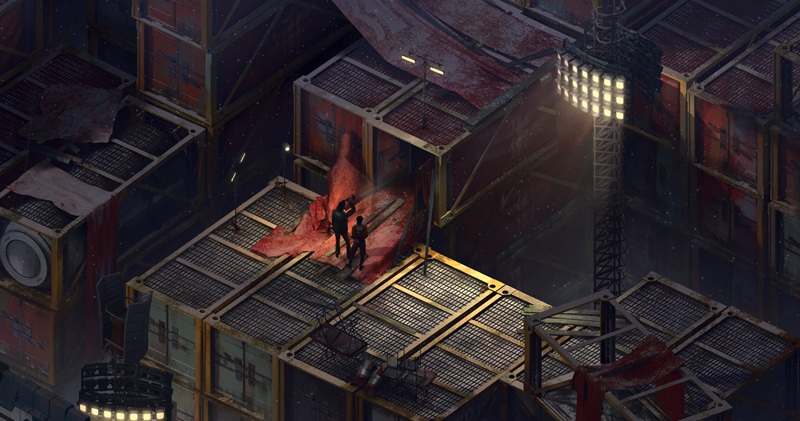 Overhead view of Disco Elysium detectives investigating the docks with a flashlight