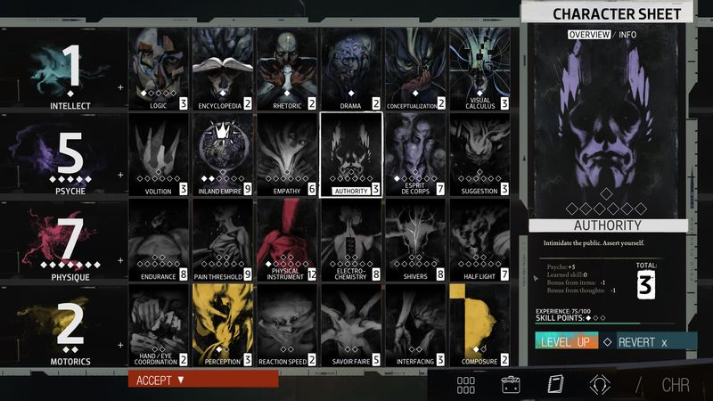 Disco Elysium character skill sheet view