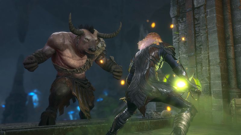 Baldur's Gate druid prepares a spell against a minotaur-looking creature